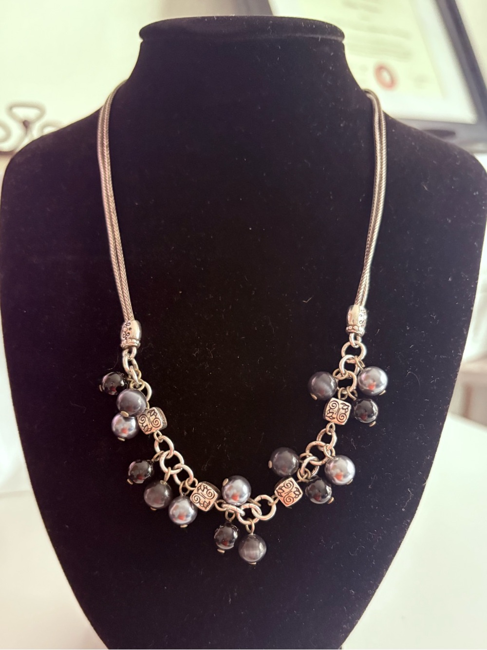Brighton Retired Silver Plated Dark Pearl Scrolled Cube Cluster Double Chain